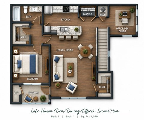 Floor plan for 1 bed, 1 bath, 1099 sqft